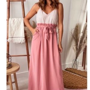 Dusty Pink Striped Maxi Dress with Paper Bag Waist